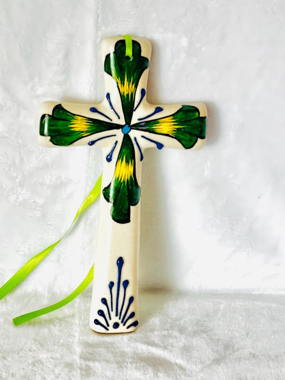 Mexican Alba Talavera Ceramic Glazed 7.5" Cross Artisan Handcrafted Religious